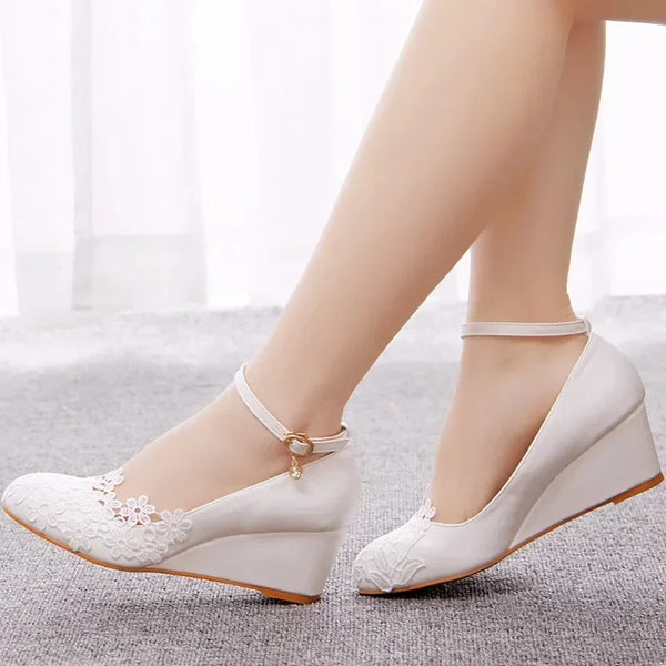 Elegant Lace Buckle Strap Round Toe Wedge Pumps for Women - Perfect for Weddings and Parties